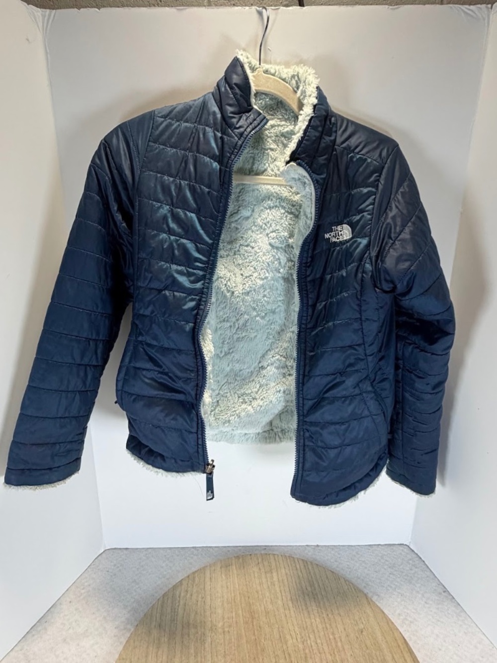 The North Face Girls Reversible Fleece Puffer Jacket Blue Size M 10/12
